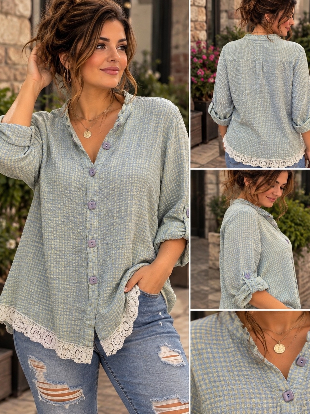 Flax Light Sage Green Button-Front Lace-Hem Top